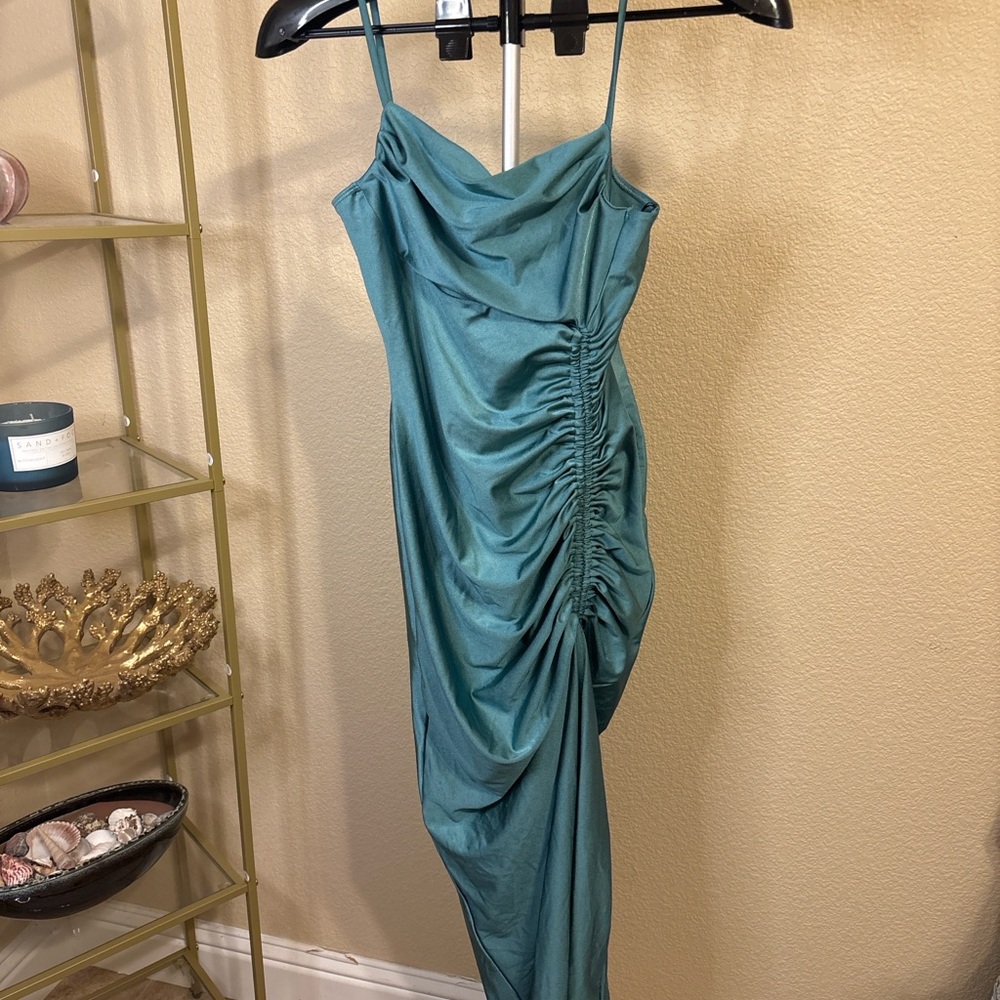 Liz & Sara Teal Cowl Neck Ruched Midi‎ Dress Medium